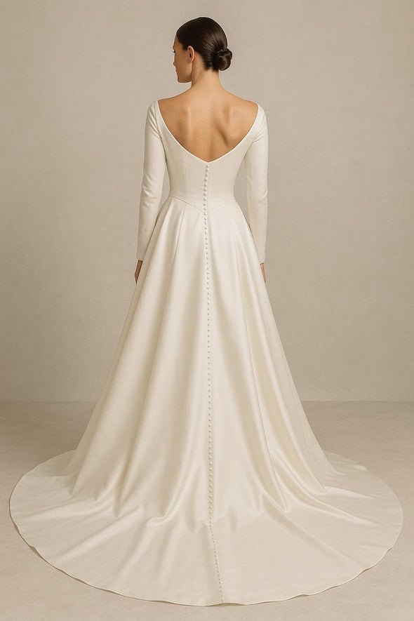#DZ9372 Long Sleeves Satin A Line Wedding Dress Backless