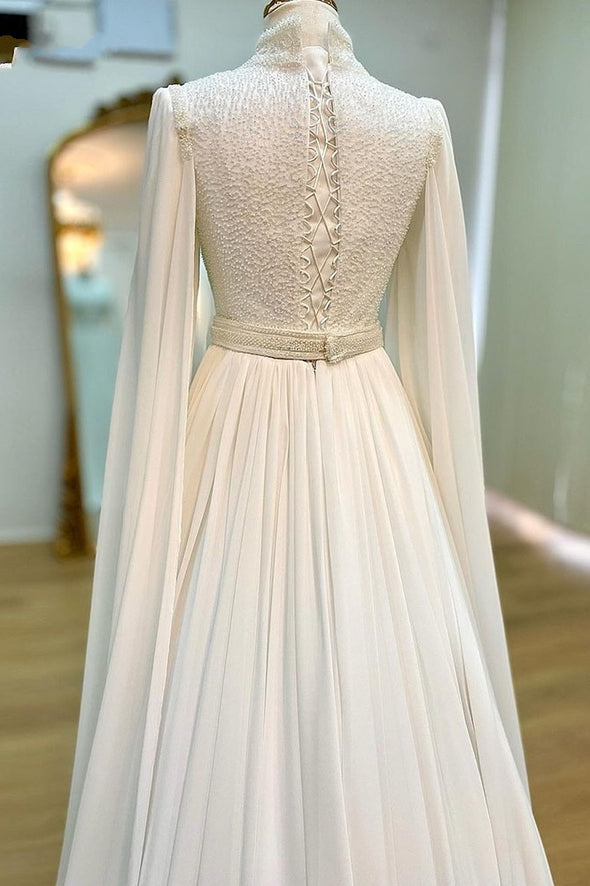 Muslim A-line Wedding Dresses Paillette Pearls High Collar