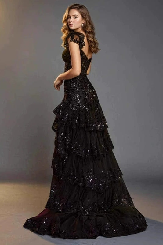 #LY9201 High Split Lace Cap Sleeves Long Evening Prom Dress