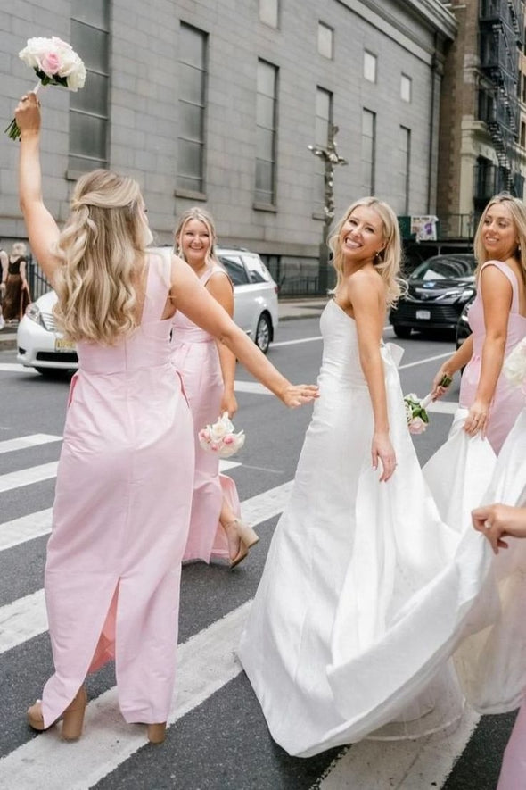 Straps Sheath Square Neck Sleeveless Long Bridesmaid Dress