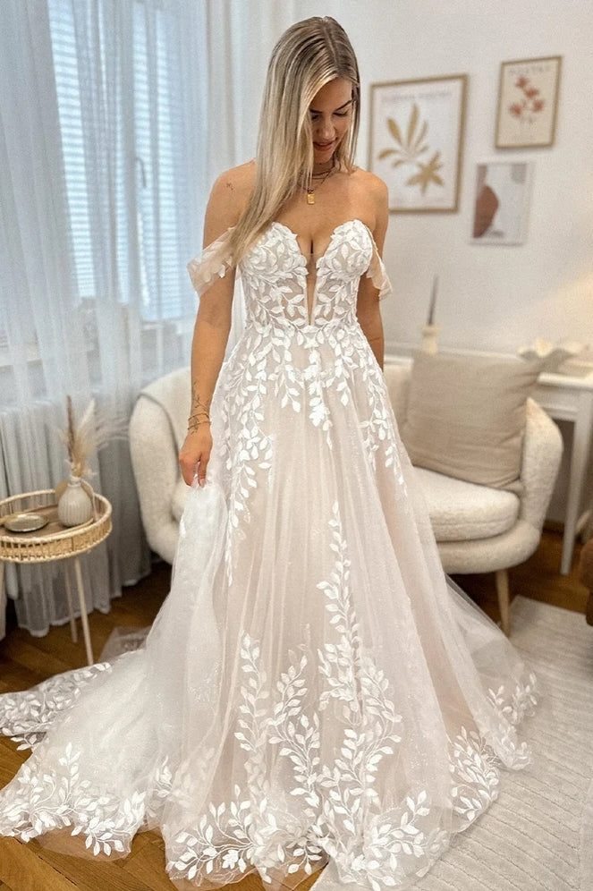 Vintage Off The Shoulder V-neck 3D Flower Lace Applique Bridal Grwon TANYA BRIDAL Vintage Off The Shoulder V-neck 3D Flower Lace Applique Bridal Grwon TANYA BRIDAL