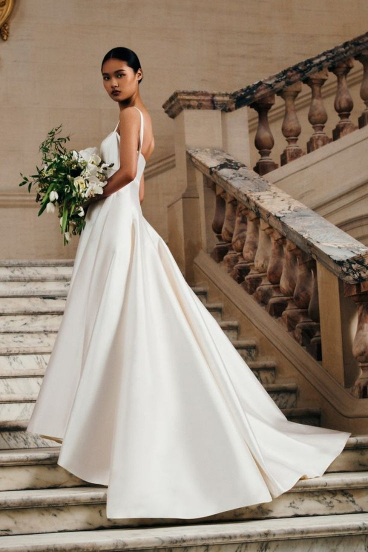 Spaghetti Strap A Line Modest Long Satin Wedding Dress TANYA BRIDAL Spaghetti Strap A Line Modest Long Satin Wedding Dress TANYA BRIDAL
