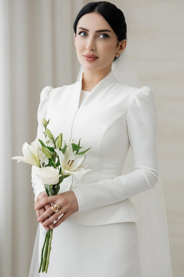 Stand Neck Long Sleeves Wedding Dress Modest Bridal Gown