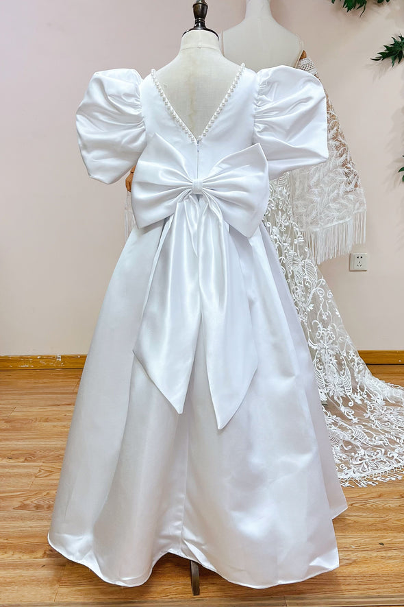 White Satin Flower Girl Dress With Pearls Neck