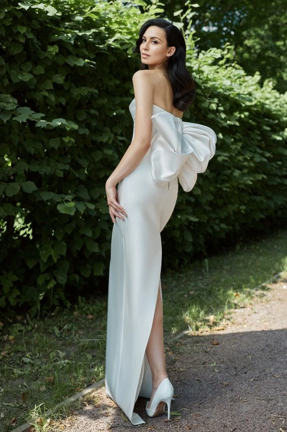 Simple Sheath Satin Wedding Dress With Big Bow Back