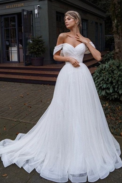 Long Tulle Off The Shoulder Simple Wedding Dress A Line Pleated TANYA BRIDAL Long Tulle Off The Shoulder Simple Wedding Dress A Line Pleated TANYA BRIDAL