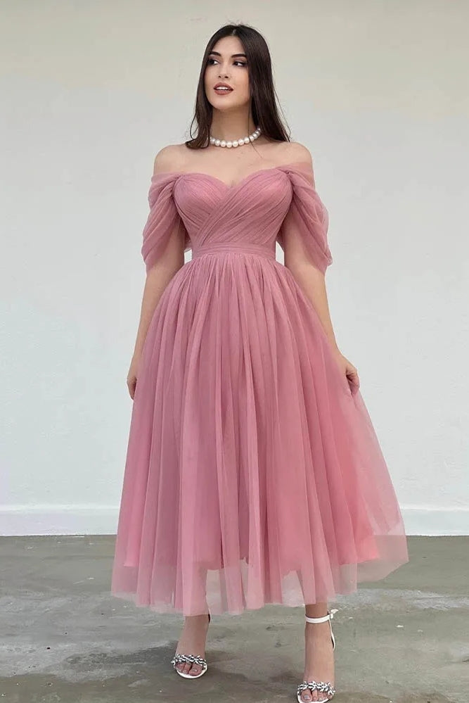 Dusty Pink Off The Shoulder A Line Prom Dresses TANYA BRIDAL Dusty Pink Off The Shoulder A Line Prom Dresses TANYA BRIDAL