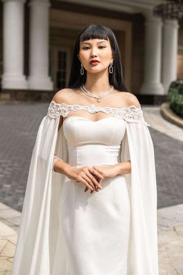 Bohemian Long Chiffon Wedding Cape Off The Shoulder With Lace Appliques