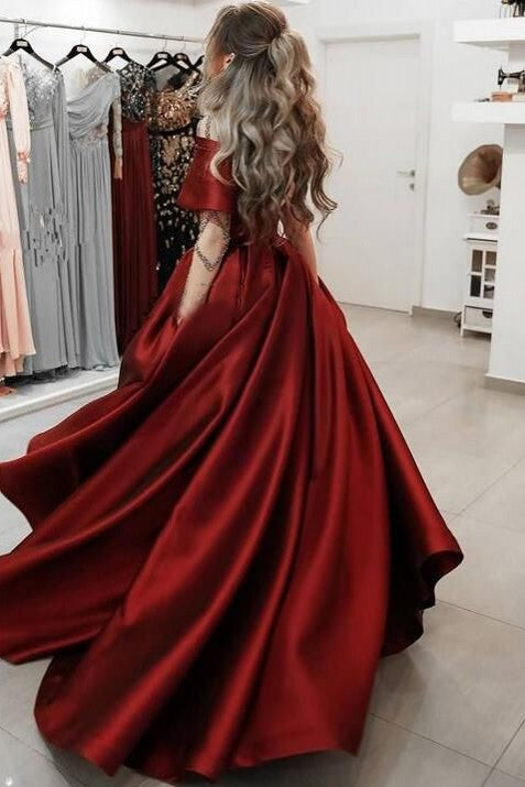 One Shoulder A Line Red Satin Slit Prom Gown