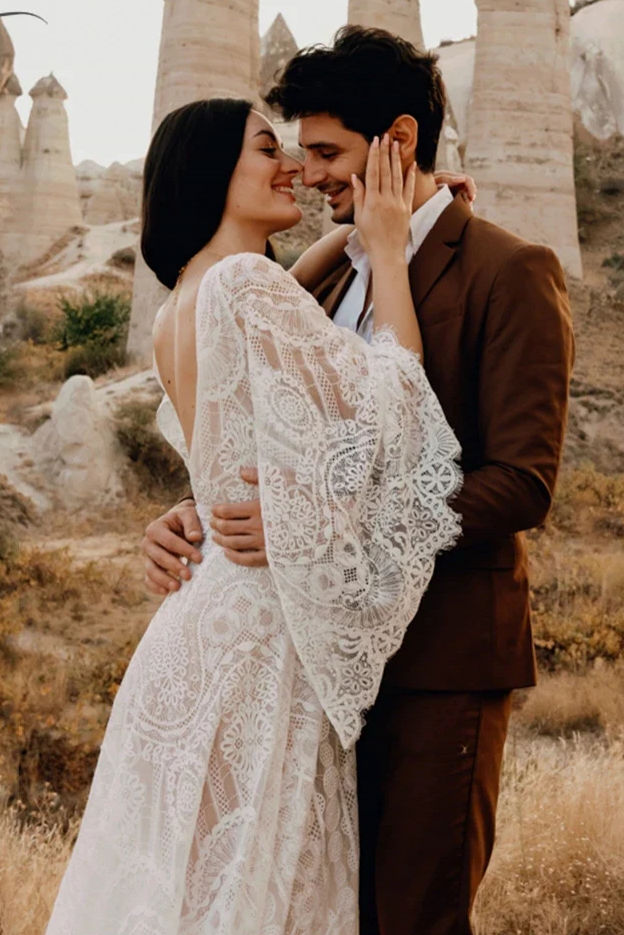 Flare Sleeve Champagne Lining Elopement Romantic Bohemian Wedding Dres – TANYA BRIDAL Flare Sleeve Champagne Lining Elopement Romantic Bohemian Wedding Dres – TANYA BRIDAL