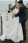 Big Size Long Flutter Sleeve Embroidered Flowers Bridal Gown
