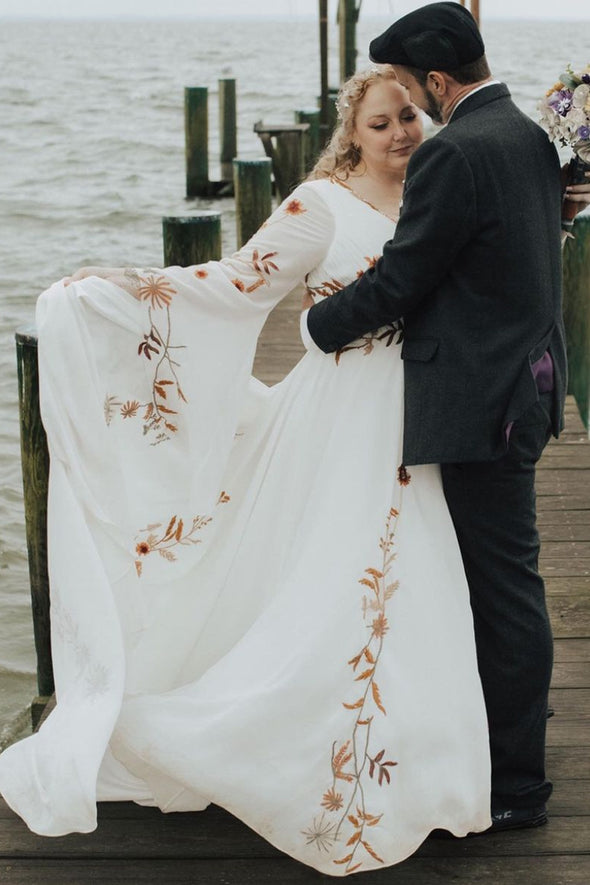 Big Size Long Flutter Sleeve Embroidered Flowers Bridal Gown