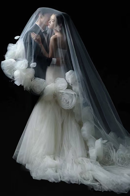 Romantic 3D Flowers Wedding Long Veils Without Comb  ZV075