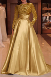 Long Sleeves Sequins A Line Satin Green Prom Gown
