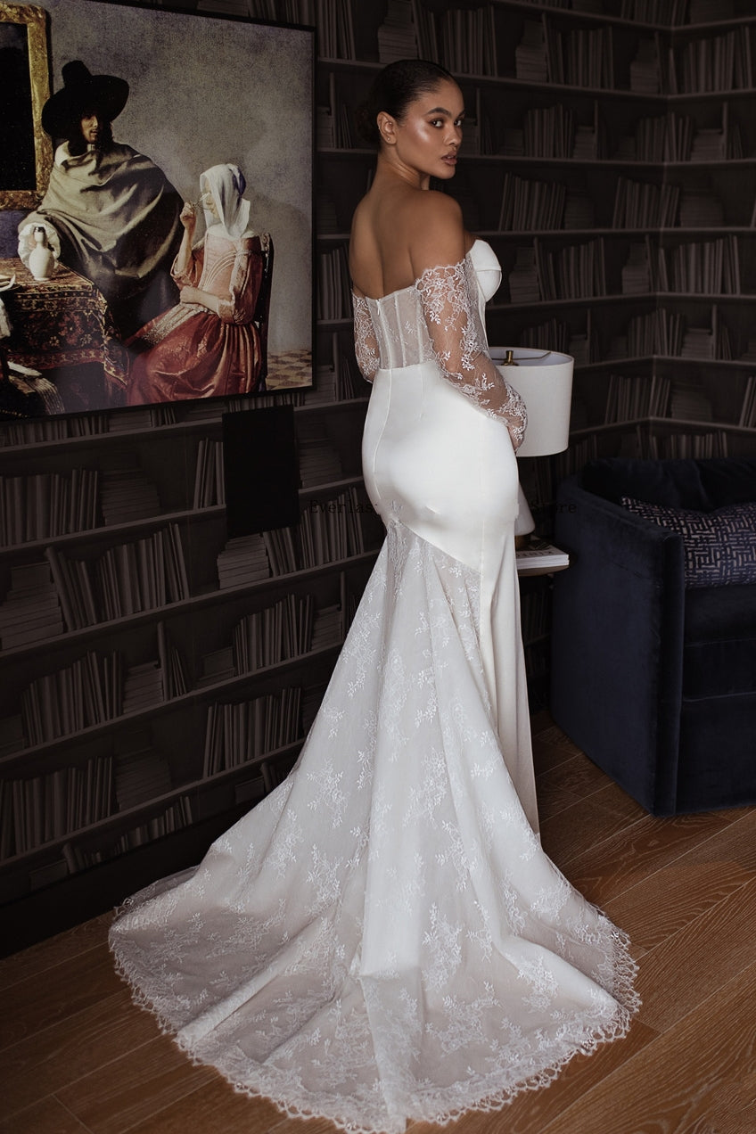 lace satin mermaid wedding dress Mermaid Satin Lace V-neck Appliqued Wedding Dresses With Chapel Train, MW603