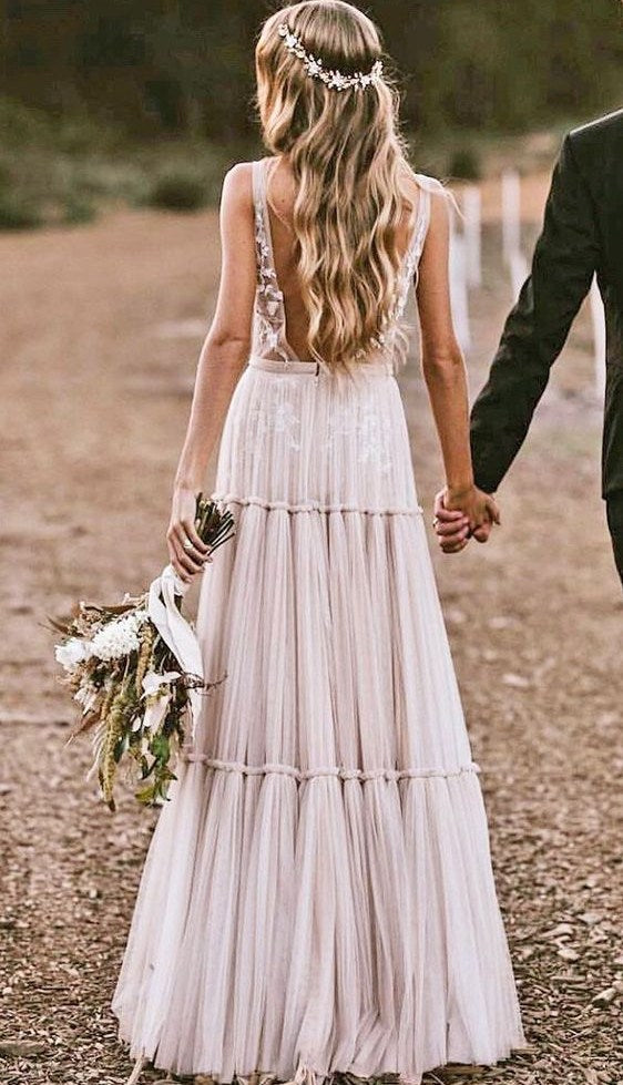 Deep V Sexy Bohemian Long Tulle Nude Wedding Dress