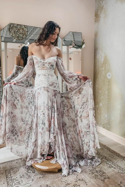 Fairy Bohemian Print Chiffon Long Wedding Dress
