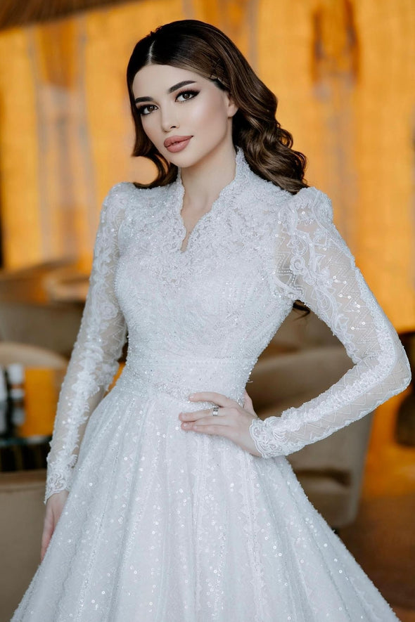 Luxury Wedding Dresses Beading Sequins V Neck Long Sleeves