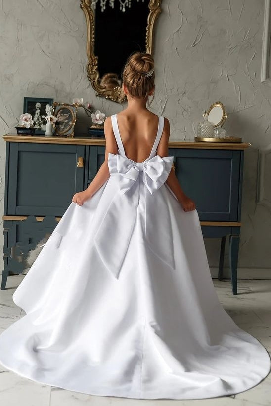 White Satin A Line Flower Girl Dress Backless With Bow – TANYA BRIDAL