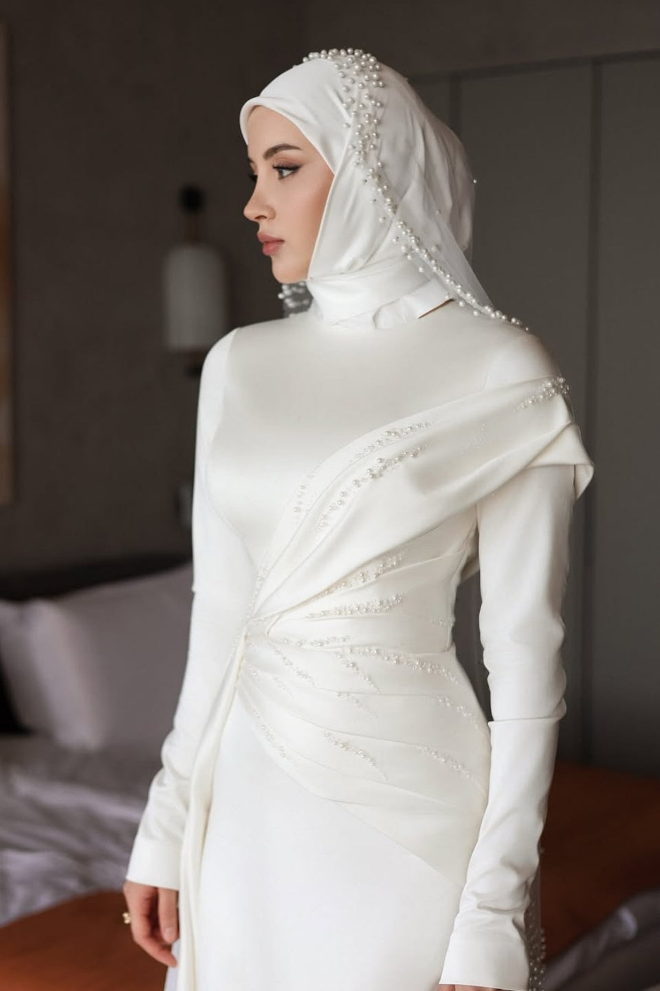 Elegant Long Hijab Wedding Dress With Beads – TANYA BRIDAL