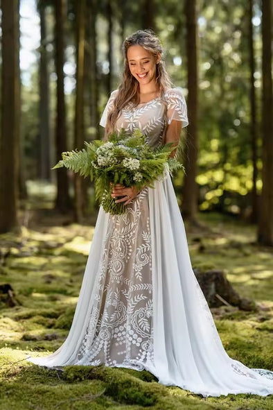 #DZ9327 Short Sleeve Embroidered Bohemian Lace Wedding Gowns