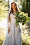#DZ9326 Long Flared Sleeves Boho V Neck Wedding Dress