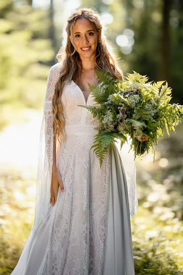 #DZ9326 Long Flared Sleeves Boho V Neck Wedding Dress