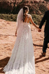 #DZ9332 Low V Neck Tassels A Line Sleeveless Sheer Bodice Lace Bridal Gown
