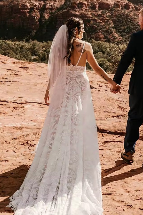 #DZ9332 Low V Neck Tassels A Line Sleeveless Sheer Bodice Lace Bridal Gown