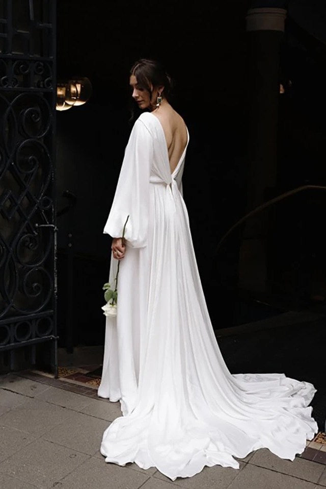 chiffon puff sleeve wedding dress 2022 Custom-Made Chiffon Beaded bell sleeve wedding dress with Cold Shoulder, High Split, Sleeves, and Floor-Length Hemline