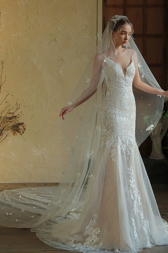 Off White 3 Meters Pearls Long Wedding Veil With Butterfly