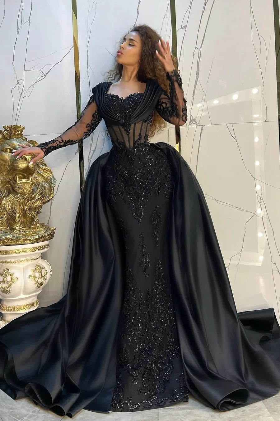 black long sleeve lace mermaid prom dress Mermaid Long Sleeve Black Lace Long Prom Dresses Cheap Evening Dress M SELINADRESS