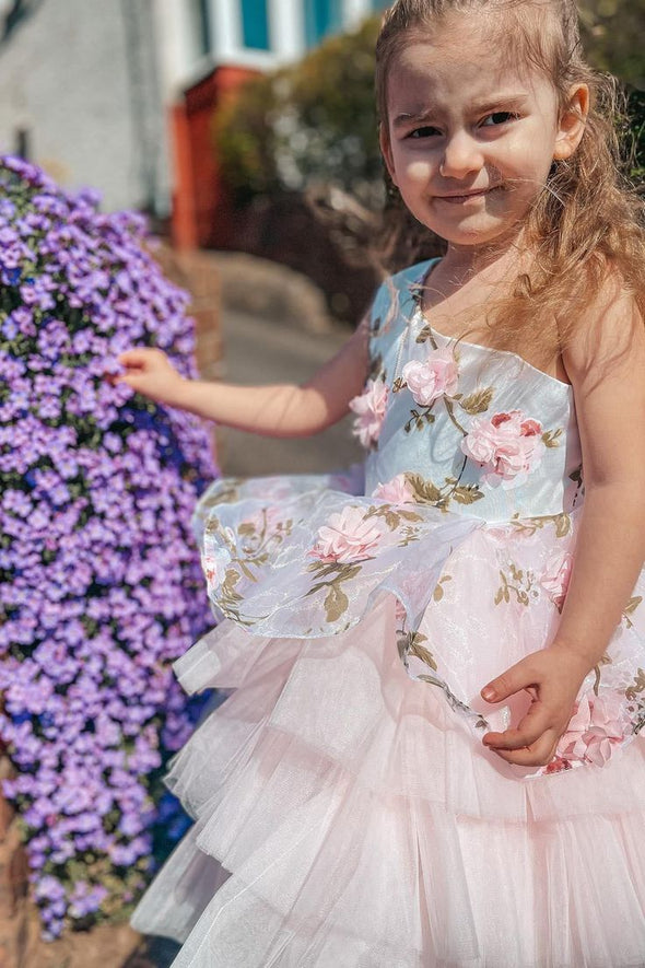 One Shoulder Floral Lace Pink Flower Girl Dress