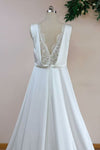 Elegant V Neck Sleeveless A Line Simple Satin Wedding Dress With Veil