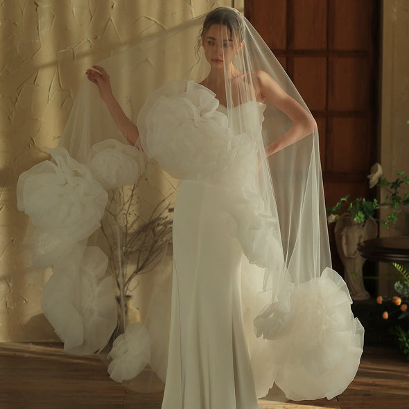 V398 long handmade rose flower bridal veil
