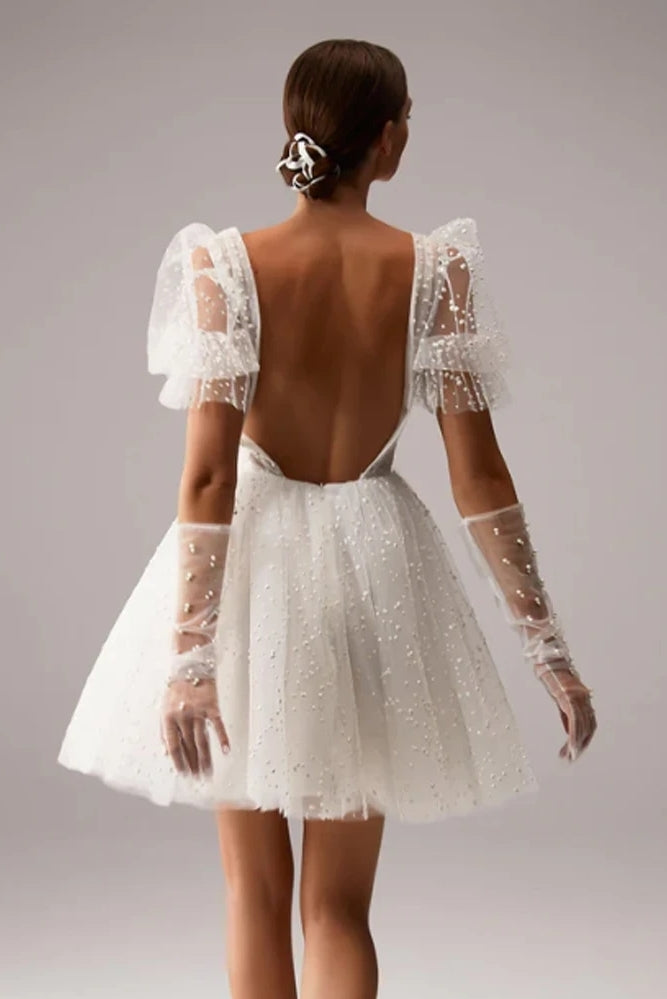 White Fairy Short Mini Cocktail Dress With Pearls TANYA BRIDAL White Fairy Short Mini Cocktail Dress With Pearls TANYA BRIDAL
