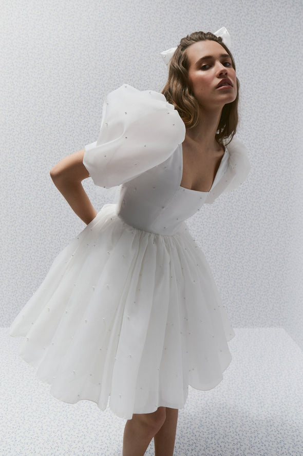 White Organza Square Neck Mini Homecoming Dress With Pearls