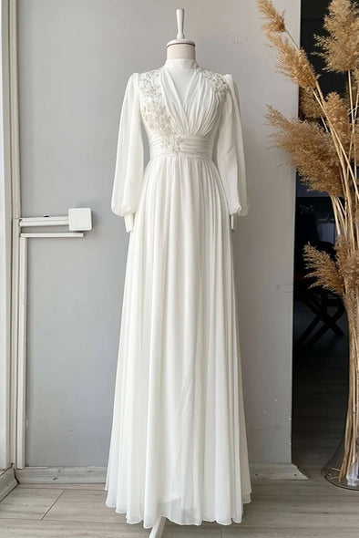 Modest Long Chiffon Muslim Wedding Dress With Romantic Applique