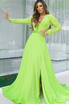 A Line V Neck Full Sleeves Fluo Green Chiffon Prom Dress With Slit