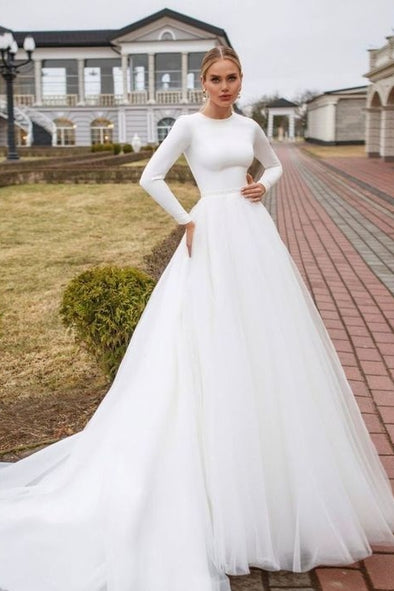 Long Sleeves O Neck A Line Wedding Dress Muslim Bridal Gown