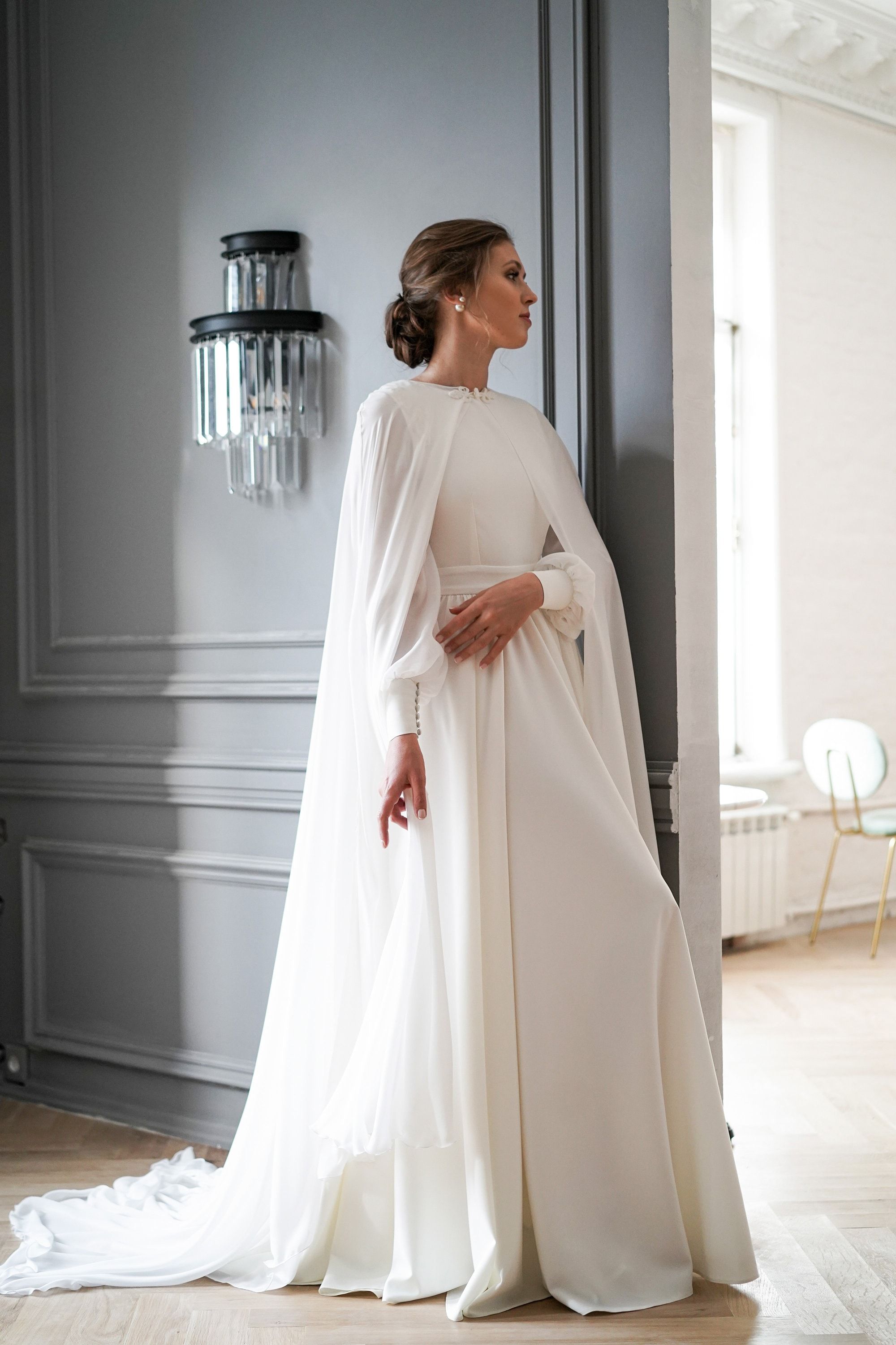 chiffon cape wedding dress Minimalist Detachable Flower Chiffon Cape Pleated Wedding Dress