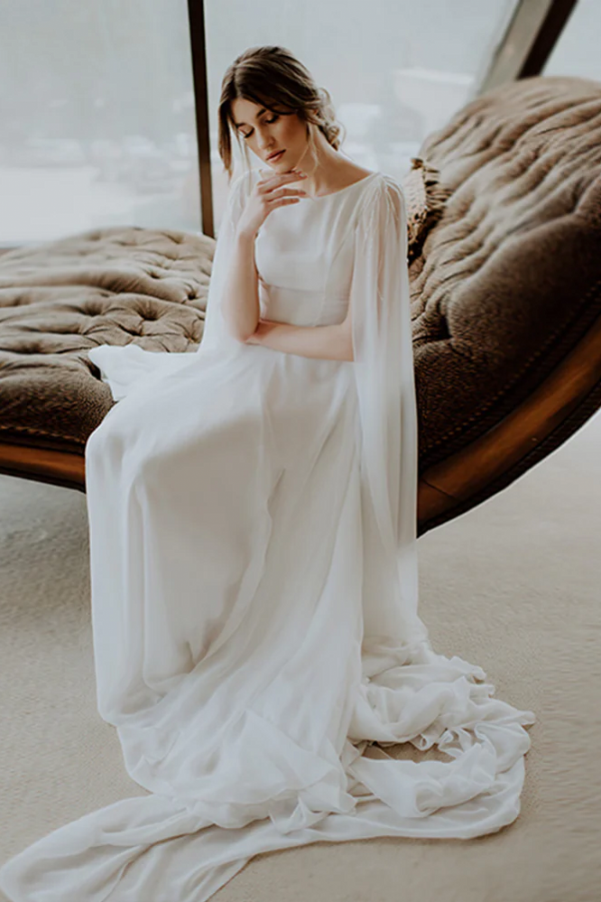 bohemian chiffon wedding dress Fairy Wedding Dress Bell Sleeve Boho Wedding Dress Beaded Lace Wedding Dress Lace and Chiffon Wedding Dress 3/4 Sleeve Wedding Dress