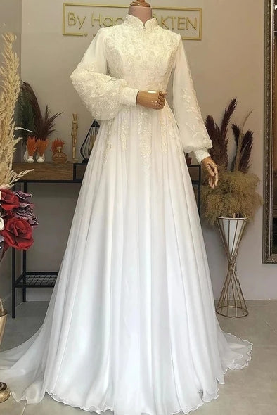 Modest Long Chiffon Muslim Wedding Dress With Stand Neck