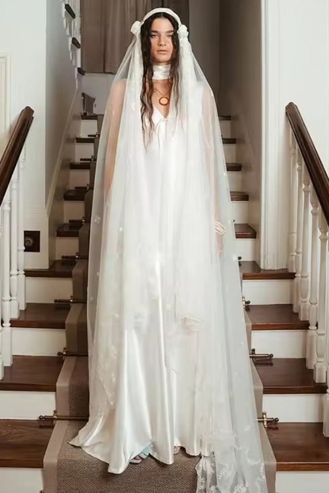necklace for v neck dress V-Neck Satin Wedding Dresses With Simple Necklace DW1091 – TANYA BRIDAL
