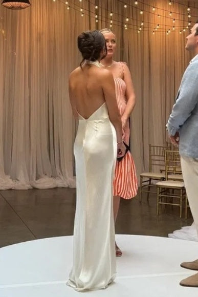 # DZ9353 Simple Silk Satin Wedding Dress, Backless Sheath, High Neck