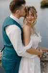 #DZ9336 Off Shoulder 3D Flowers Princess Wedding Dress High Slit