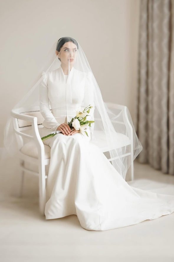 Stand Neck Long Sleeves Wedding Dress Modest Bridal Gown