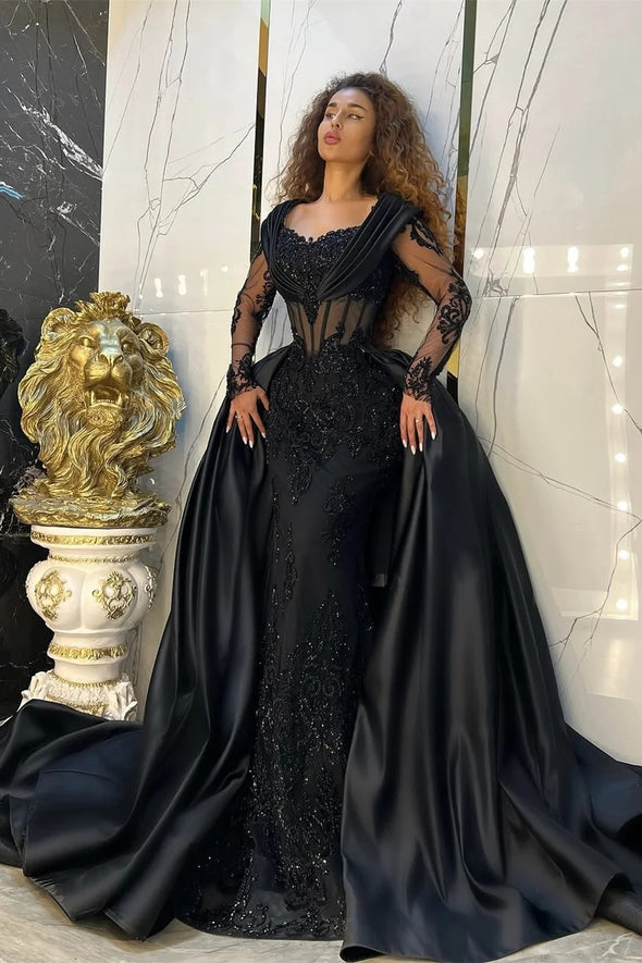 Black Sweetheart Long Sleeves Mermaid Prom Dress With Appliques