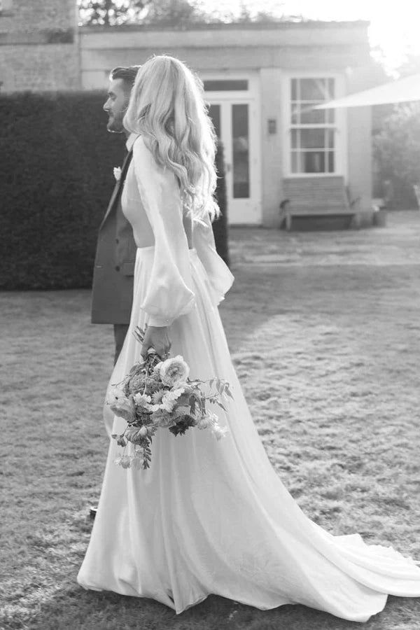 a line v neck satin wedding dress Ivory Satin A-line V-neck Wedding Dresses with Pockets, Bridal Gowns, MW680
