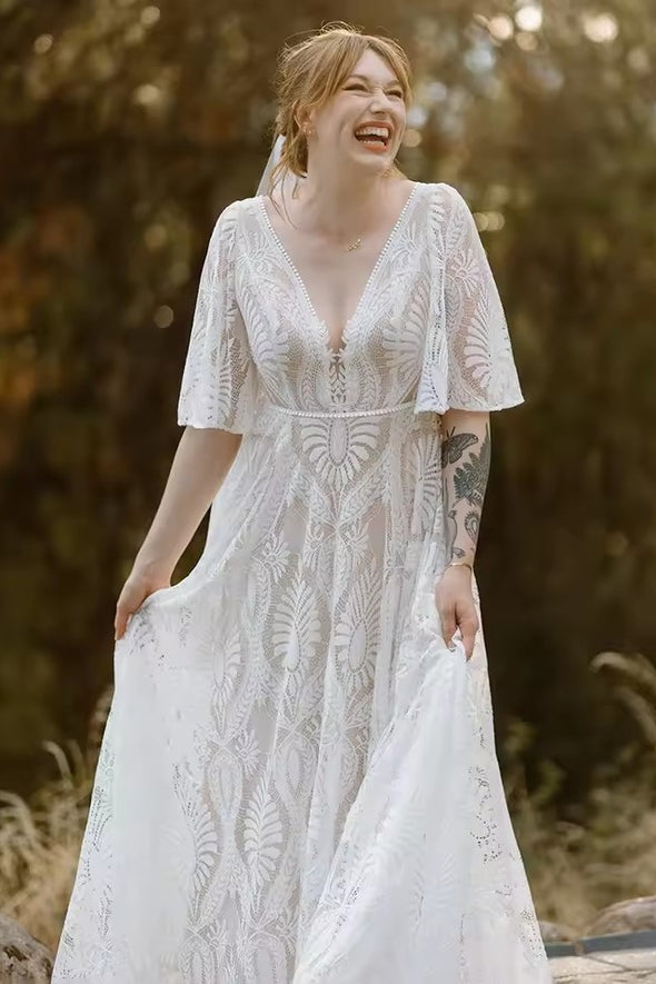 flutter sleeve boho wedding dress Short Flutter Sleeve Ivory Lace Bohemian Wedding Dress